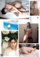 A collage of photos of a woman laying on a bed.