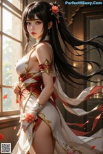 A woman in a white and red dress standing by a window.