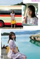 A woman in a floral dress sitting on a bench next to a bus.